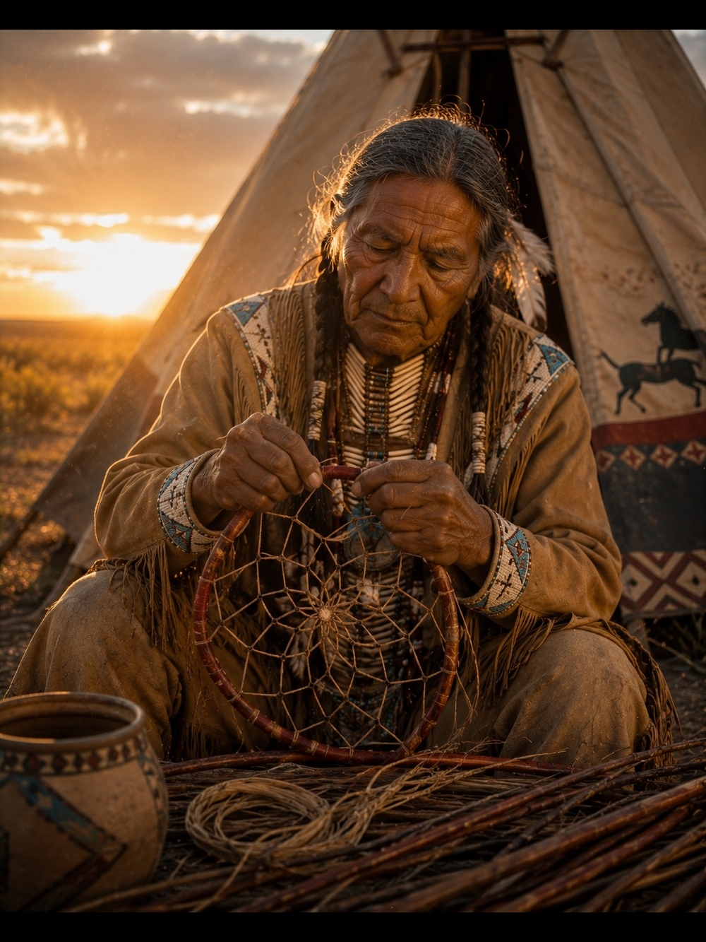 Native Elder Crafting Dreamcatcher Framed AI Art Print 8x10 Frame - Picture 2 of 2